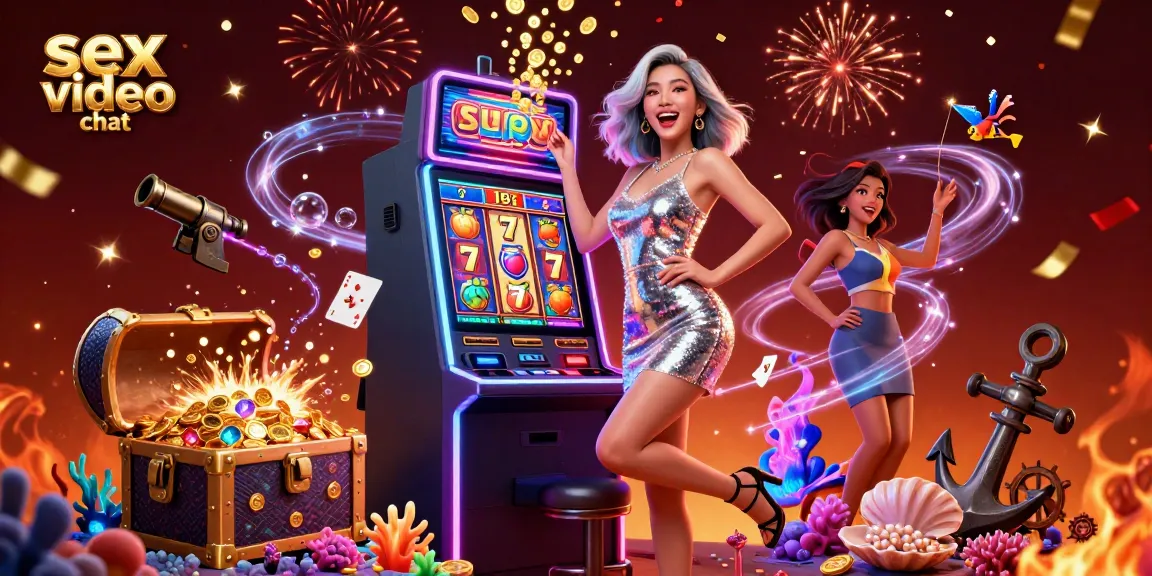 Engage with sex video chat by winning at the slot machine while celebrating with vibrant confetti and casino elements.