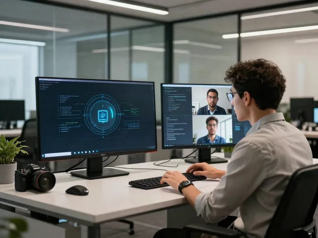 Deepfake protected meetings with a diverse team discussing cybersecurity in a modern office.