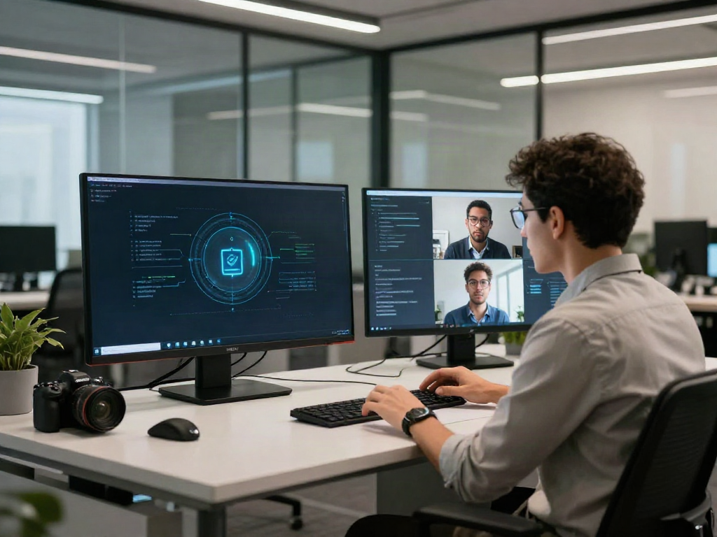 Deepfake protected meetings with a diverse team discussing cybersecurity in a modern office.