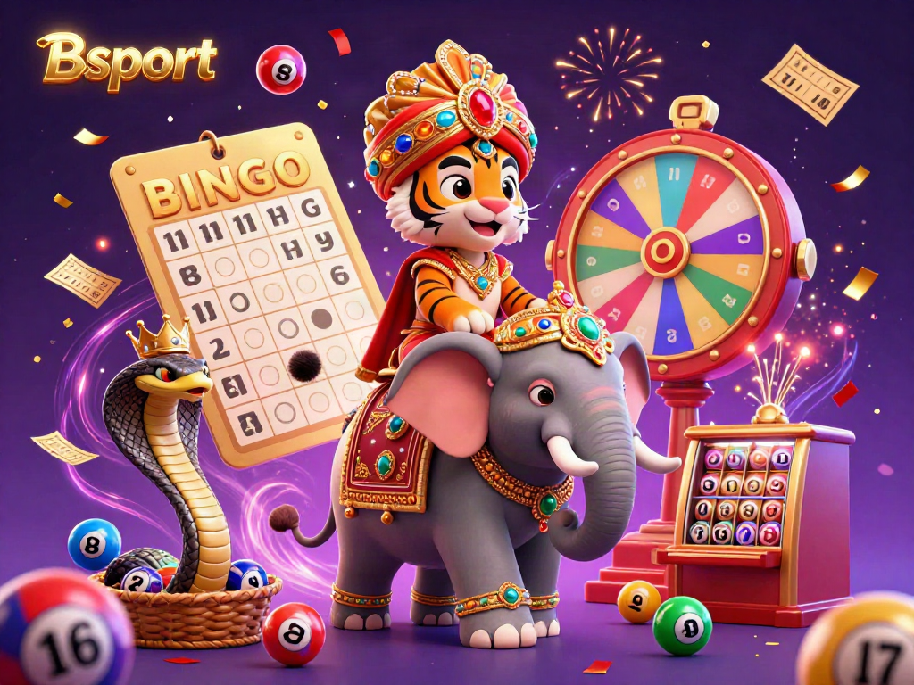 Engage with Bsport's thrilling atmosphere, featuring a dynamic casino scene with a vibrant maharaja and golden elements.