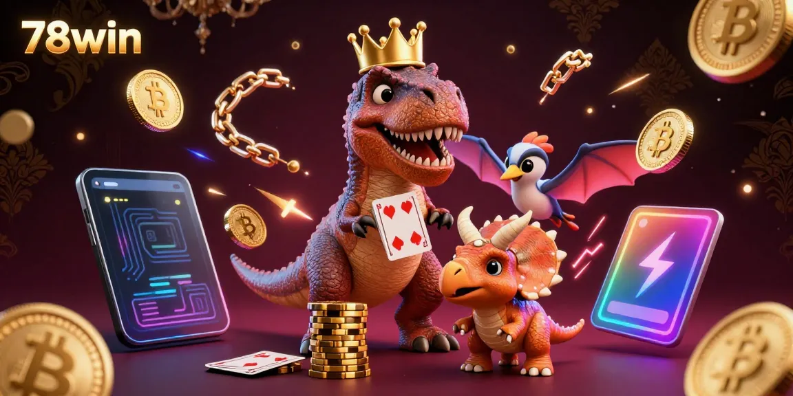 Engage with 78win's vibrant illustration featuring animated characters like T-Rex and baby triceratops in a dynamic casino scene.