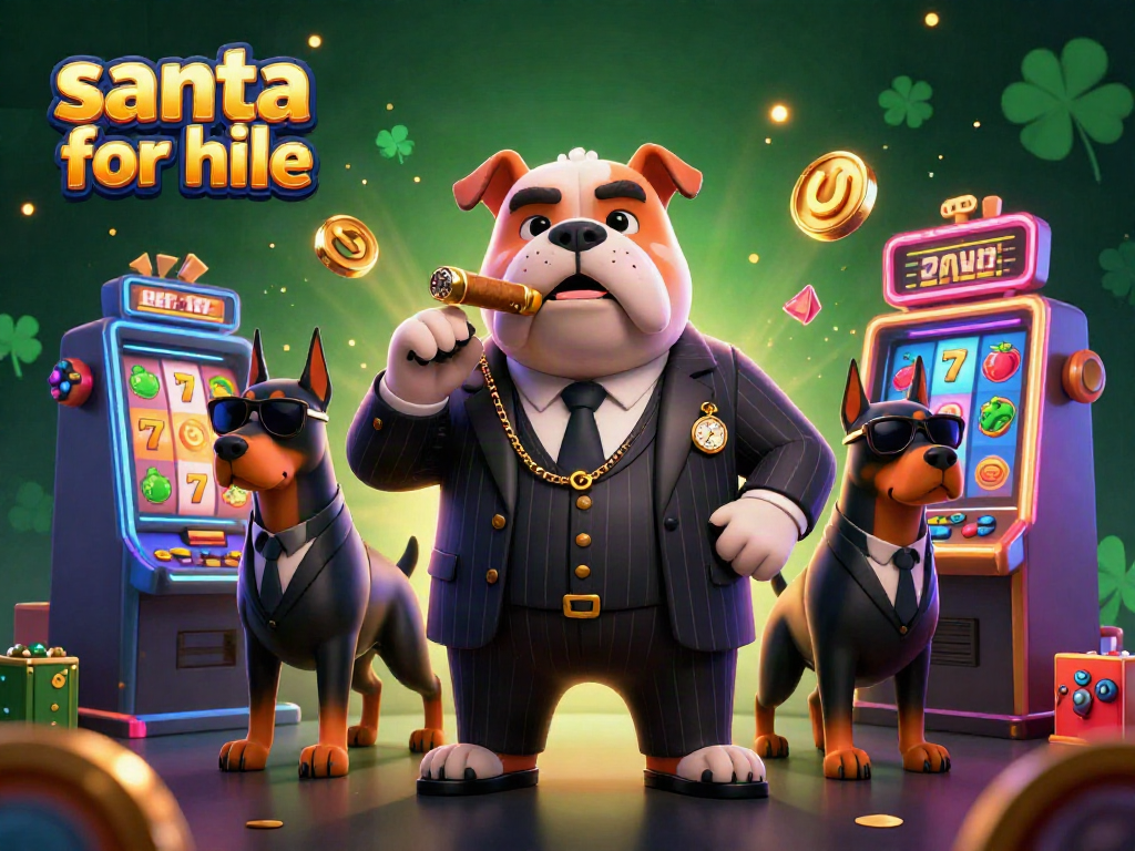Engage with a festive Santa for hire surrounded by vibrant casino-themed slot machines.