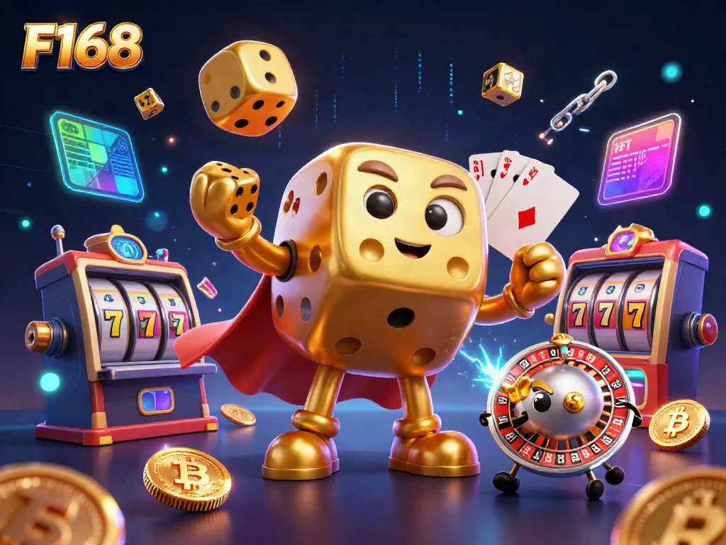 Engage with F168's thrilling gaming experience through dynamic 3D illustrations of dice and casino elements.
