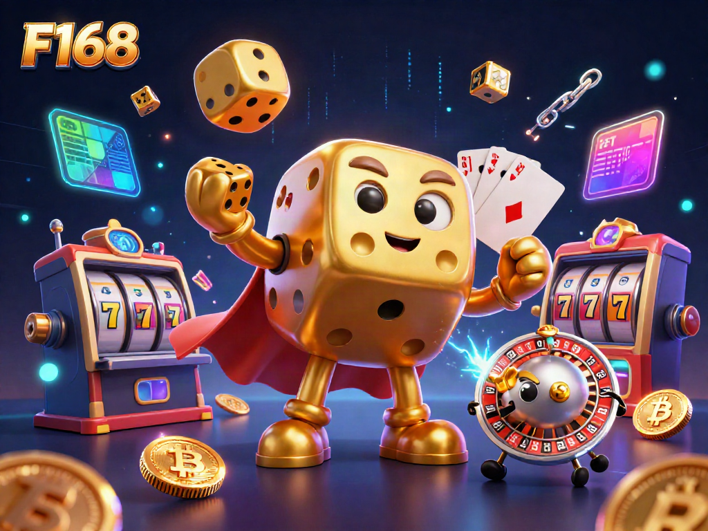 Engage with F168's thrilling gaming experience through dynamic 3D illustrations of dice and casino elements.