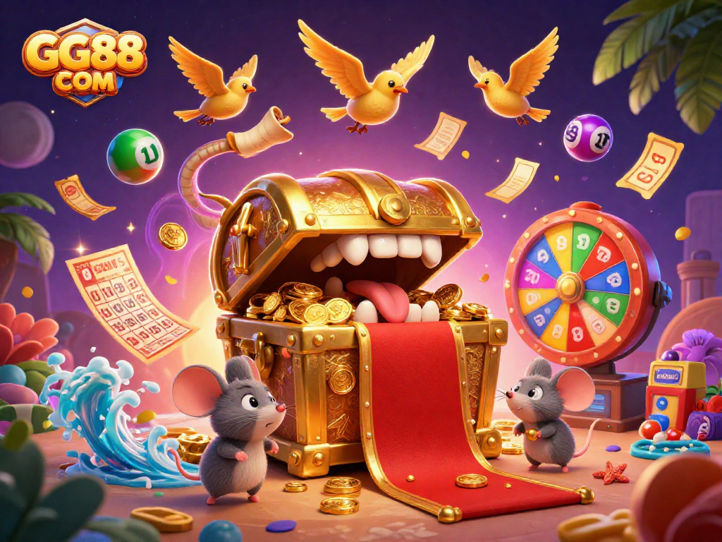 Engage with exciting games at GG88 COM, featuring vibrant lottery balls and animated casino elements.