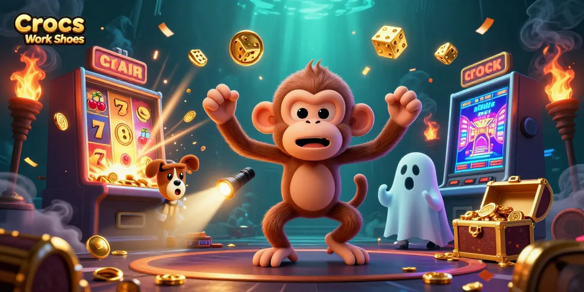 Crocs Work Shoes showcasing a playful poltergeist monkey juggling golden items amidst thrilling casino elements like coins and slot machines.