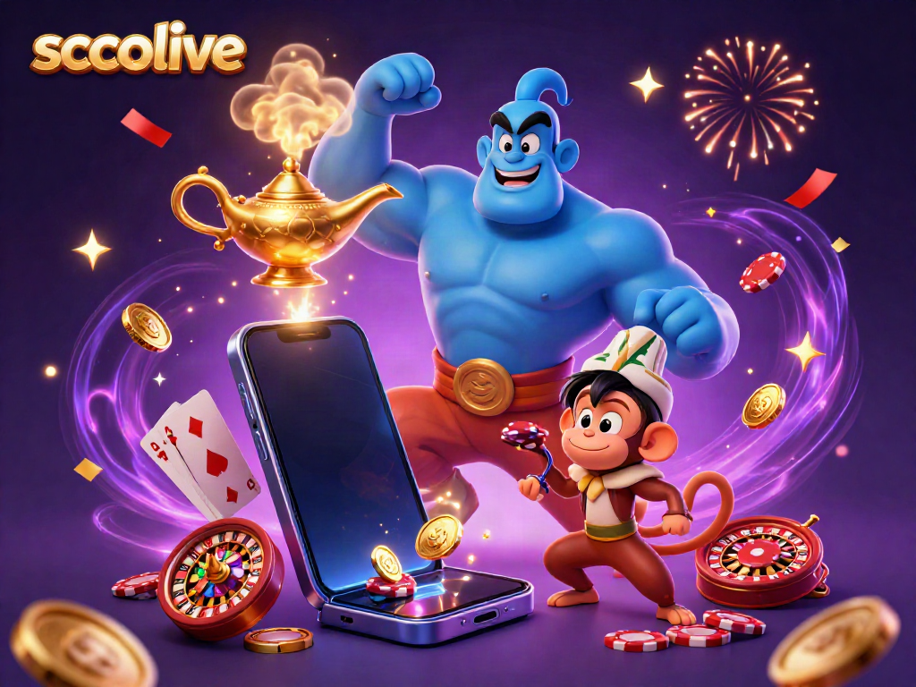 Socolive's magical online casino experience illustrated with a vibrant genie, monkey, and poker chips.