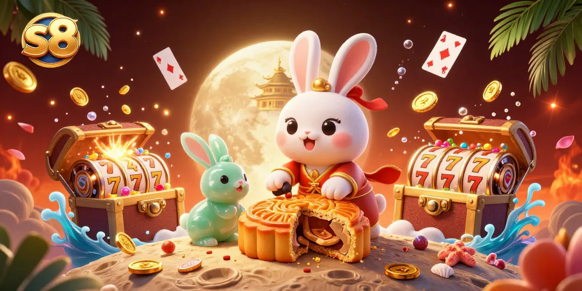 S8 players enjoy diverse games like slots while a moon rabbit reveals poker chips.