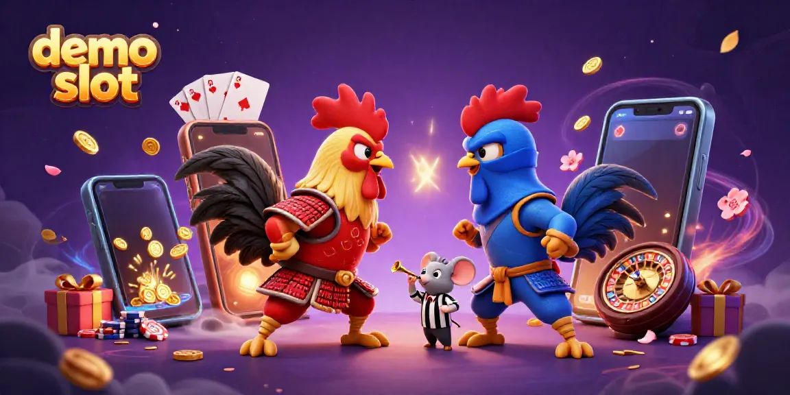 Demo slot menampilkan duel spektakuler antara dua ayam kartun berperang, dikelilingi oleh elemen kasino.