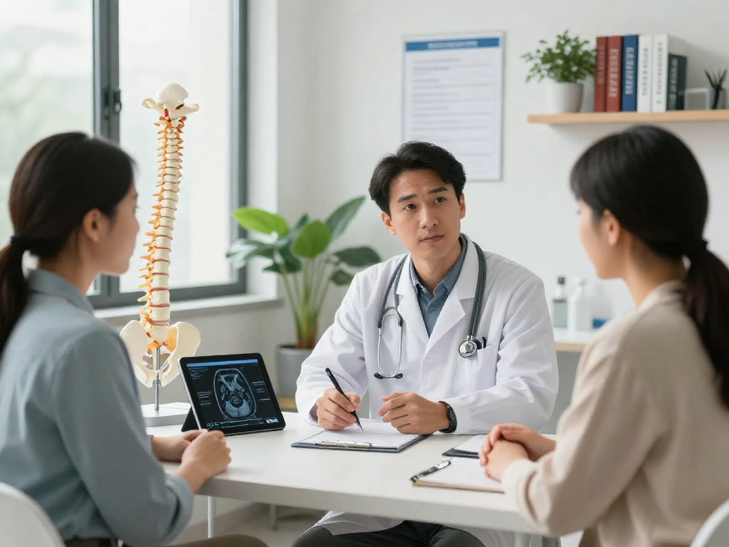 Consultation about bel fıtığı ameliyatı with orthopedic surgeon in a modern clinic.