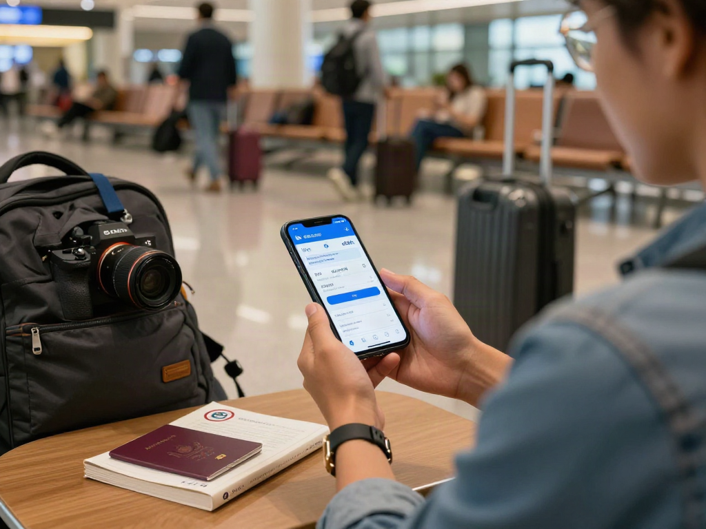 שירות eSIM לחו"ל נגיש בטרמינל טיסה, מטייל עם סמארטפון מצליח להתחבר בקלות.