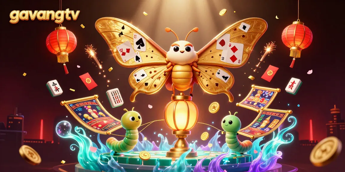Experience the excitement of gavangtv with vibrant casino scenes featuring a majestic atlas moth and gold spinning elements.