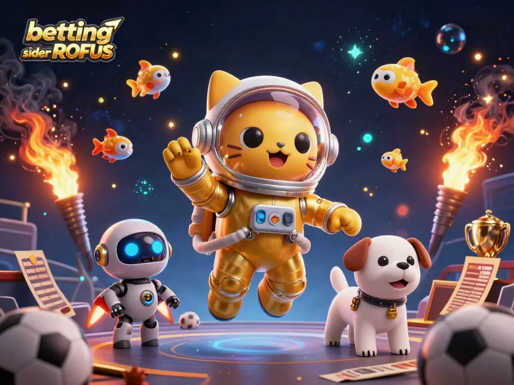 Experience thrilling betting sider uden ROFUS with our dynamic sports gaming illustration featuring a space cat and robot dog.