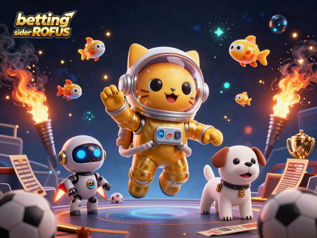 Experience thrilling betting sider uden ROFUS with our dynamic sports gaming illustration featuring a space cat and robot dog.
