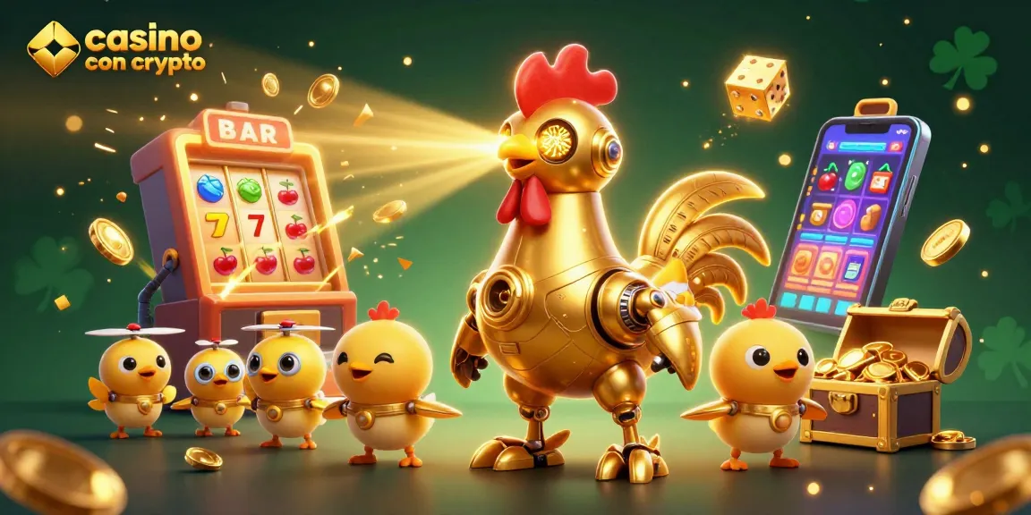 Gioca nel casino con crypto grazie al robot gallo dorato e ai droni, circondati da vincite esplosive di slot.