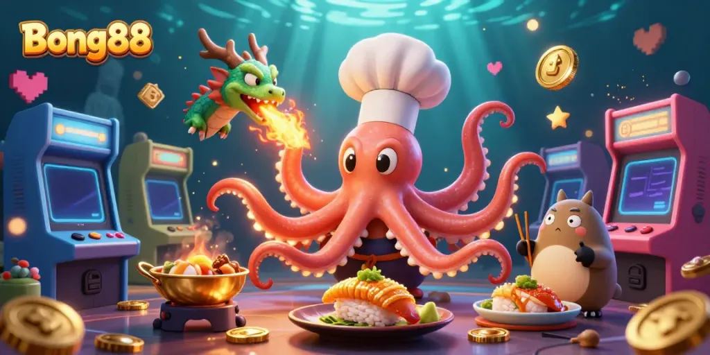 Bong88 showcases a vibrant 3D underwater casino scene with dynamic characters and game elements highlighting thrilling gaming action.