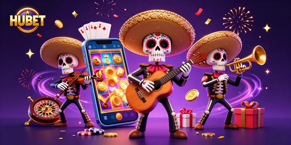 Win big with HUBET at a vibrant online casino showcasing a Day of the Dead mariachi band.