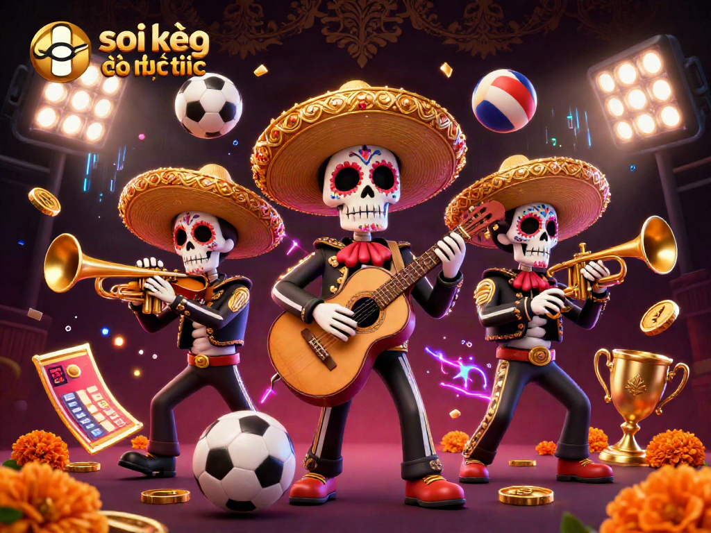 Soi kèo bóng đá trực tuyến với các thành viên trong ban nhạc mariachi, các bóng thể thao và hiệu ứng hoa cúc.