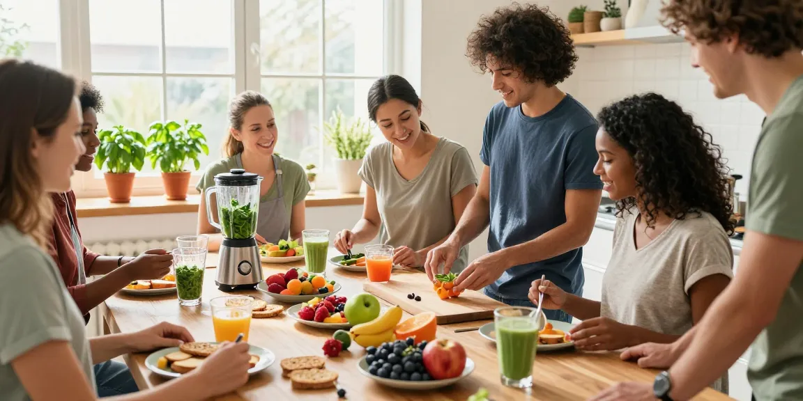 Group of friends sharing health tips while preparing a nutritious breakfast in a bright kitchen.