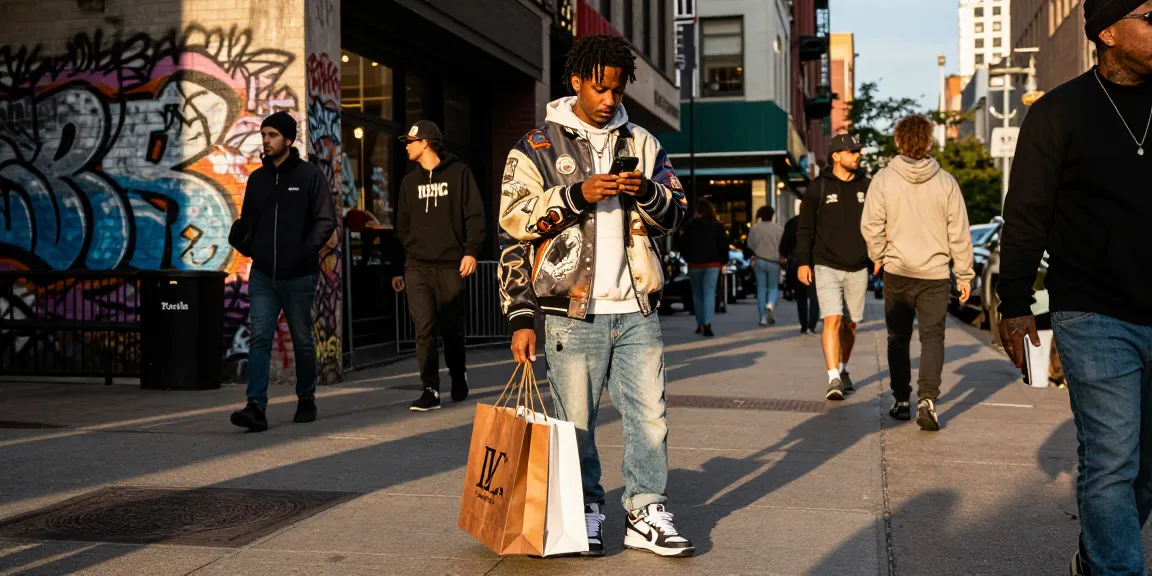 Engaging urban scene showcasing stylish individual with 레플리카 쇼핑몰 fashion, highlighting trendy attire and shopping bags in vibrant city backdrop.