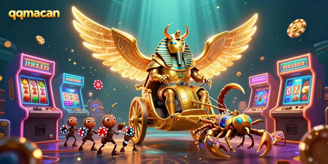 Engage with qqmacan's thrilling cartoon casino world featuring a glowing scarab chariot and poker chips.