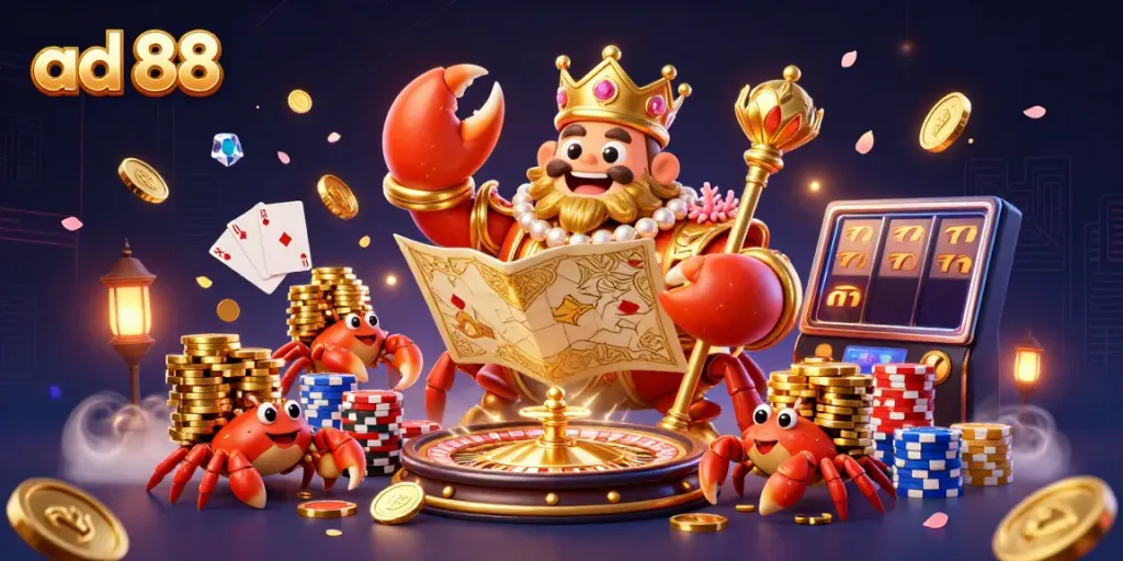 Join the excitement at ad 88 with dynamic casino visuals, featuring a golden crab emperor and rich game elements.