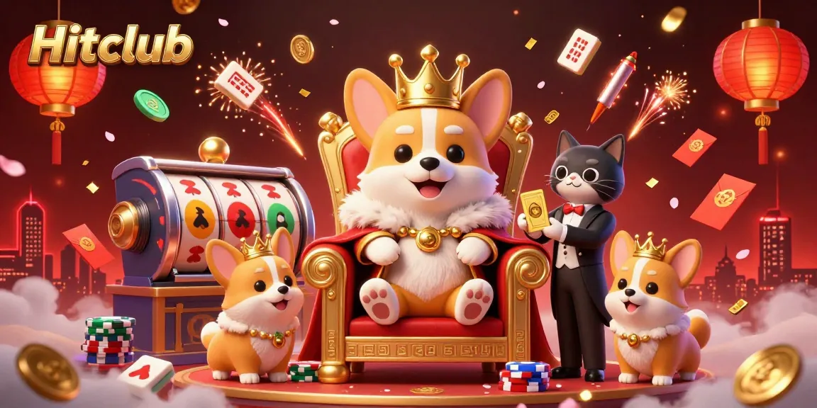 Engage with Hitclub's vibrant casino scene showcasing a royal corgi and cat butler amidst dynamic game elements.