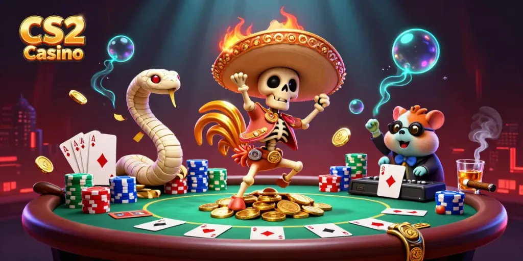 Experience the thrill of CS2 Casino with a lively 3D scene featuring vibrant characters and poker elements.