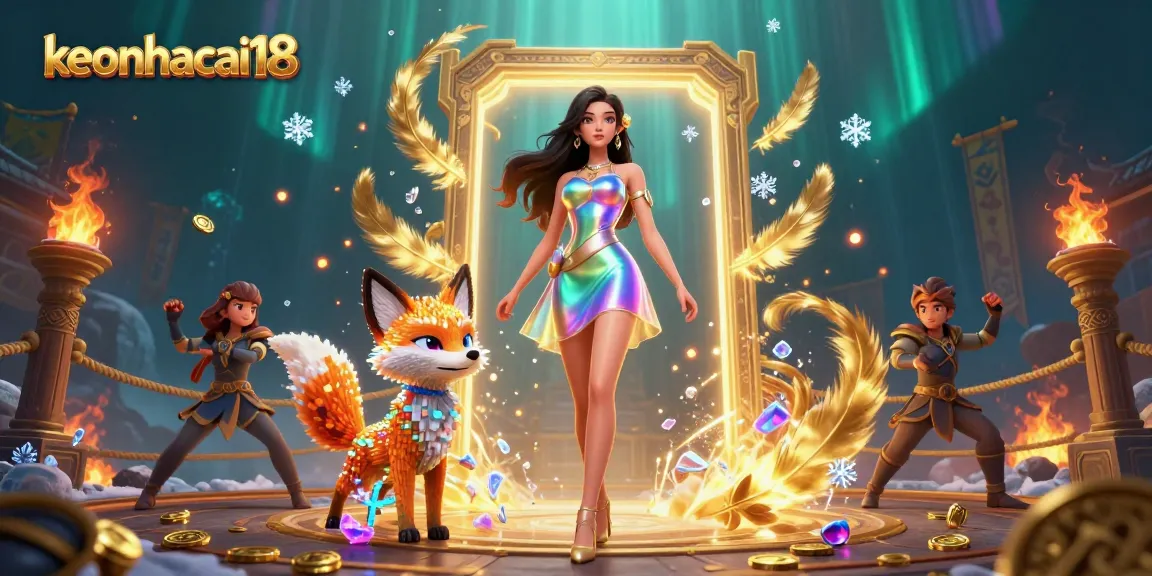 Bet on keonhacai18 with a colorful futuristic scene showcasing a captivating woman and a digital fox.