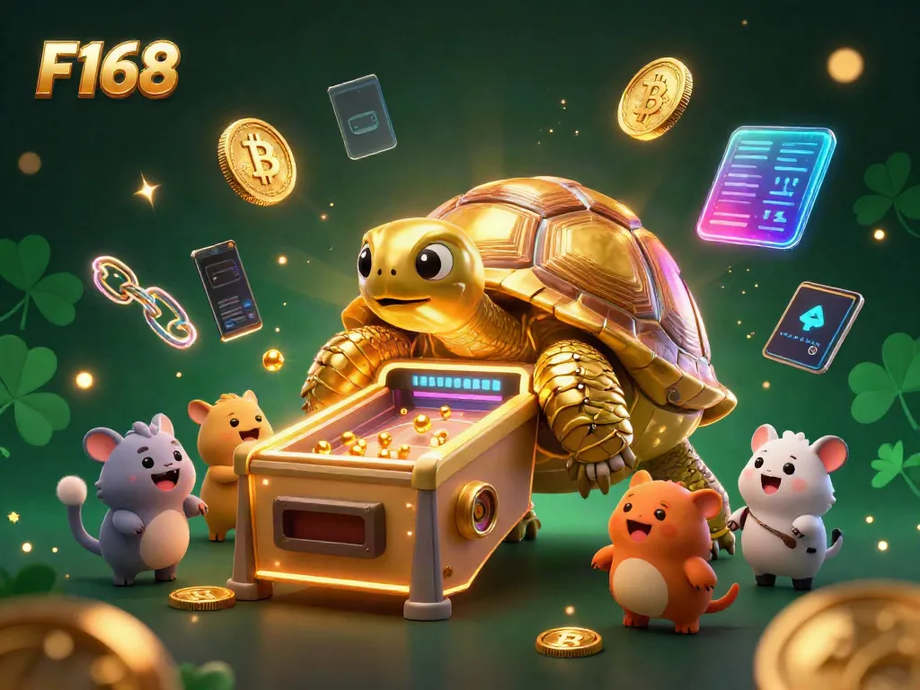 Exciting F168 casino scene featuring a golden tortoise pinball machine and crypto elements.