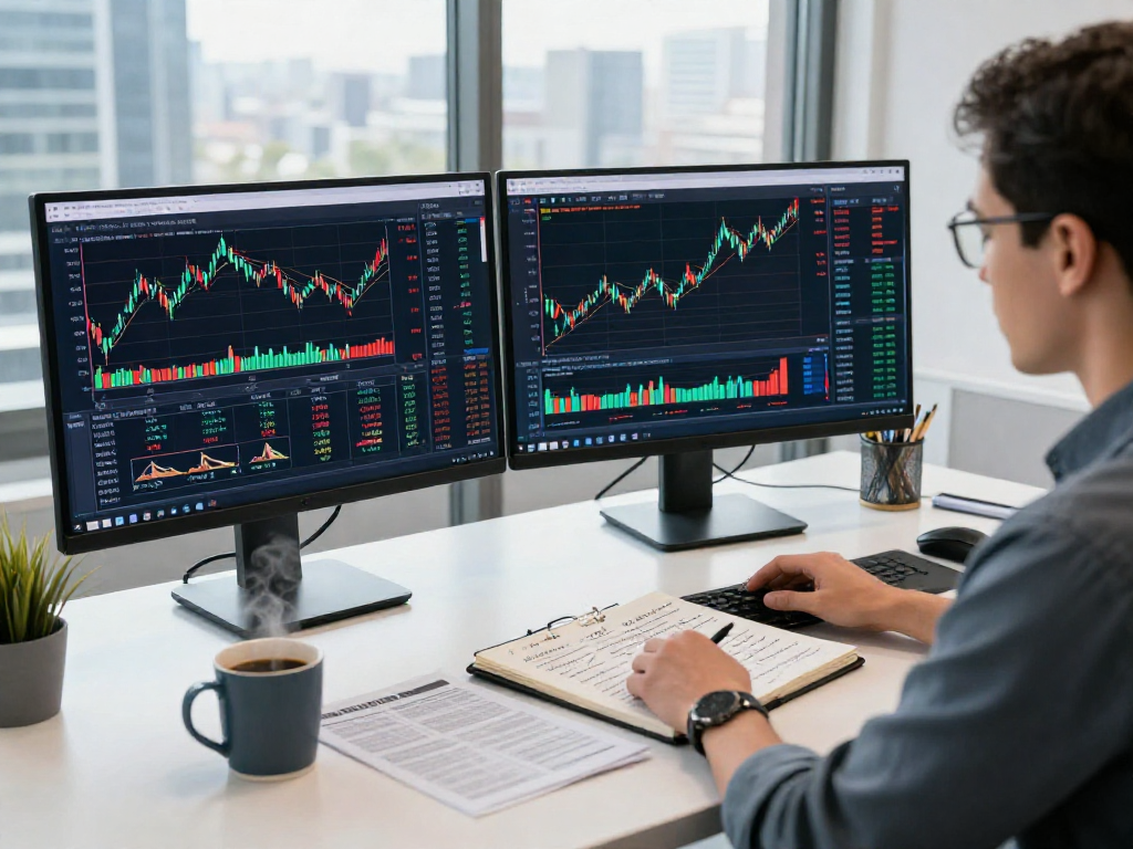 使用TradingView进行股票和外汇分析的金融分析师在现代办公桌前，拥有多个交互式图表的桌面。