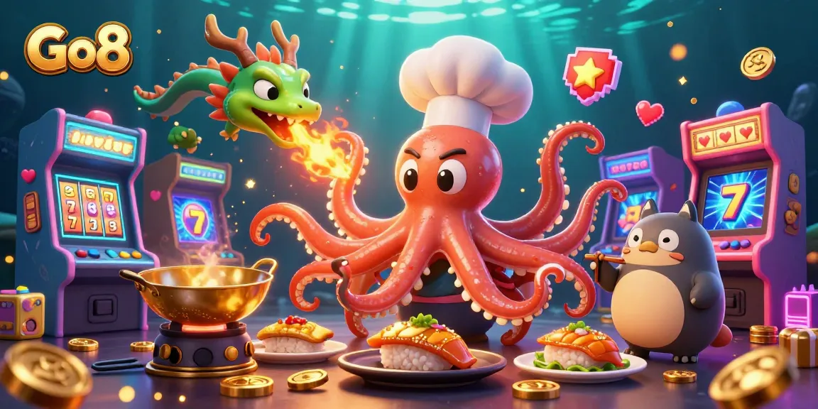 Engage with Go8's immersive casino world featuring a unique sushi chef octopus and a fiery dragon.