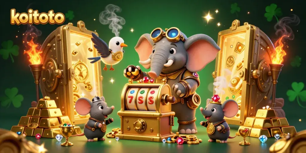 Koitoto casino scene with a steampunk elephant engineer operating a golden slot machine surrounded by treasures.