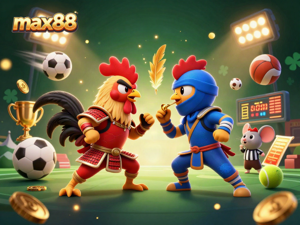 Experience the thrill of max88 with epic dual roosters in battle, dazzling elements, and winning vibes.