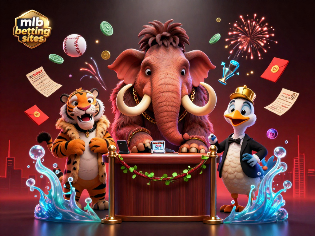 Bettors engage with mlb betting sites, featuring a woolly mammoth and saber-tooth tiger celebrating amidst sports elements.