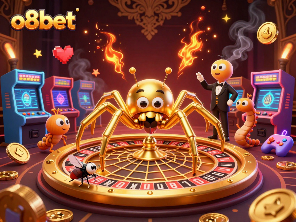 Experience thrilling bets at o8bet with a golden roulette web spun by colorful characters.