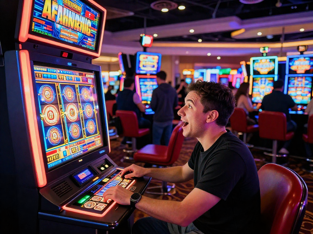 Player at a casino slot machine with potential slot jackpot winnings amid vibrant lights.