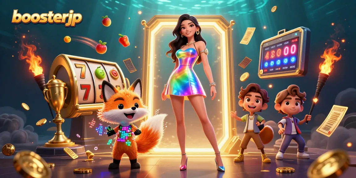 Experience thrilling gaming with boosterjp, showcasing vibrant slot reels and golden rewards.