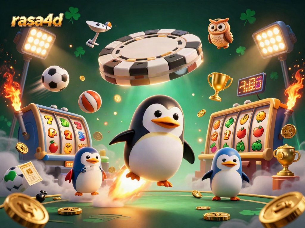 Rasakan keseruan taruhan permainan kasino di rasa4d dengan simbol slot, penguin emas, dan trofi berkilau.