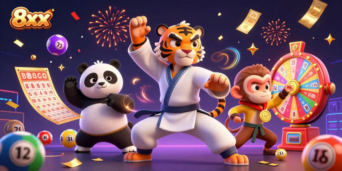 Experience exciting gameplay with 8xx characters amidst colorful lottery elements in a dynamic casino scene.