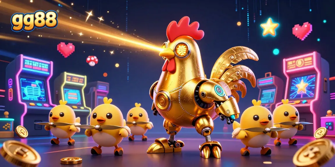 Engage with gg88's thrilling casino games featuring a golden rooster robot and arcade machines.