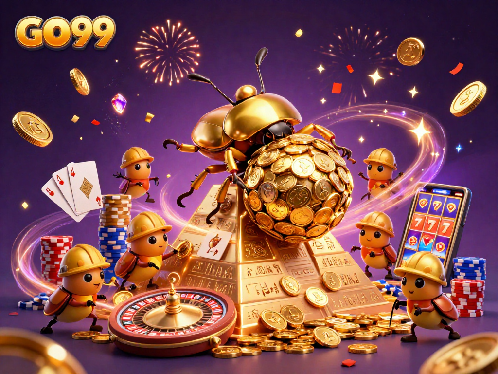 GO99 showcases a stunning 3D illustration of a golden beetle and casino elements in action.