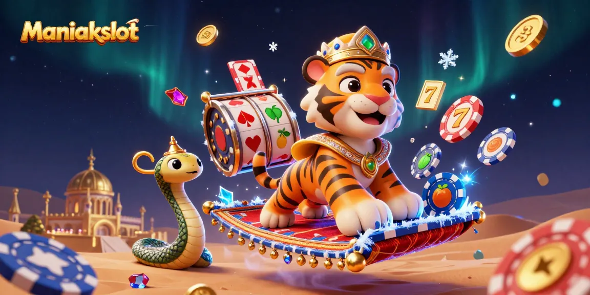 Spin the reels of Maniakslot with an Arabian sultan and magical treasures in a vibrant casino scene.