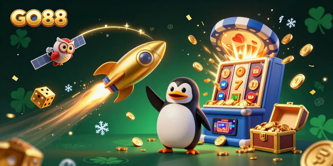 Experience excitement with GO88 as a golden penguin blasts off towards a vibrant casino chip space station, showcasing gaming elements.