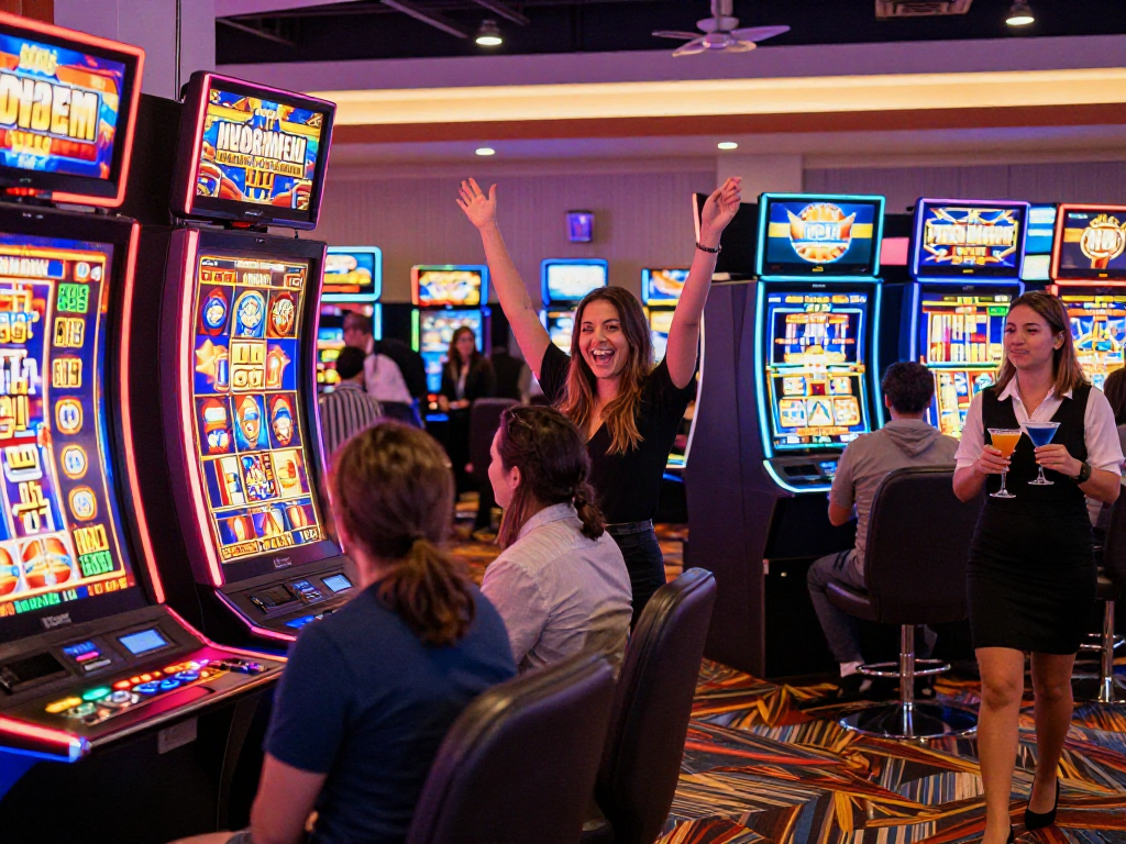 Exciting casino scene showcasing a woman celebrating a slot jackpot win among colorful machines.