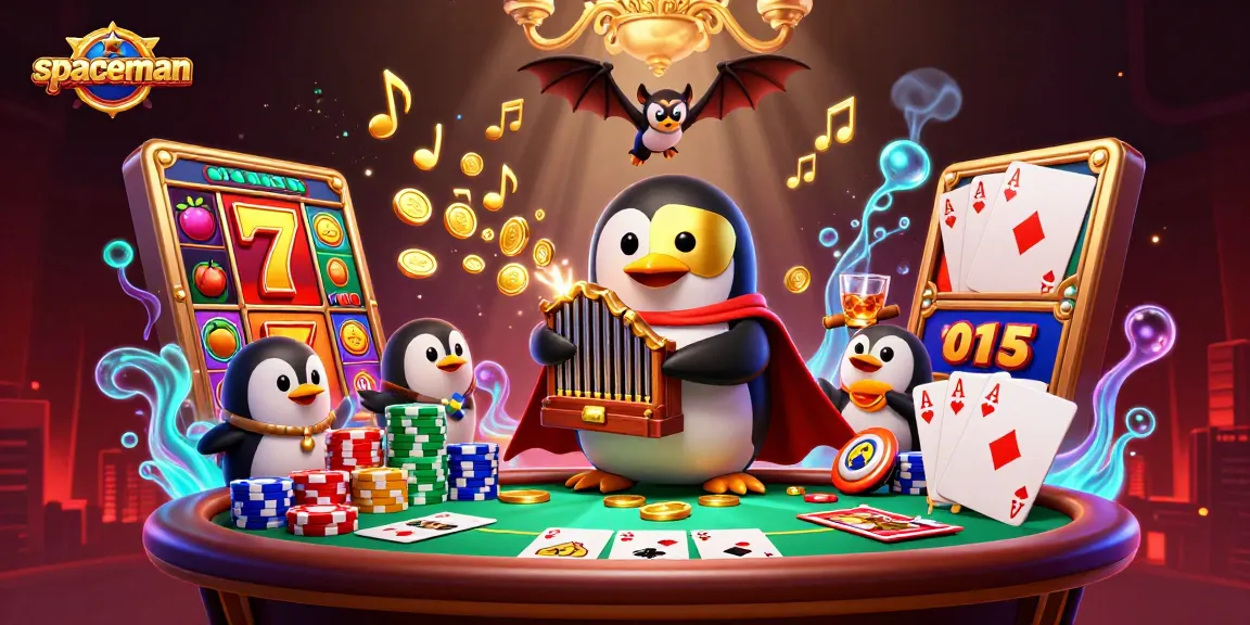 Win big with Spaceman slots as the penguin plays in a vibrant casino scene filled with golden coins and jackpot thrills.