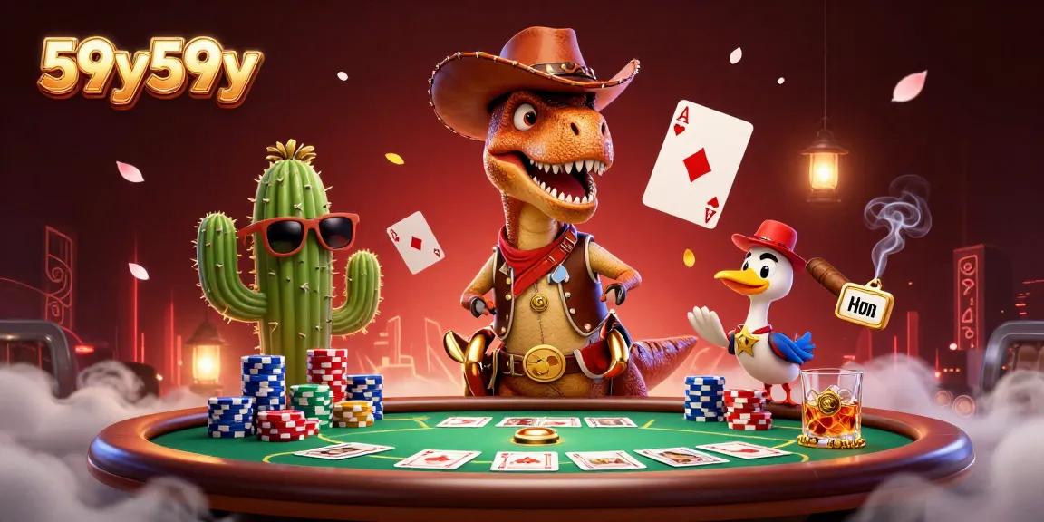 Ilustração 3D detalhada do 59y59y com dinossauro cowboy jogando pôquer em um ambiente colorido.