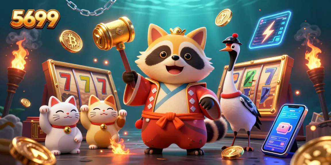 Engage in thrilling slot action at 5699 with vibrant characters and crypto elements.