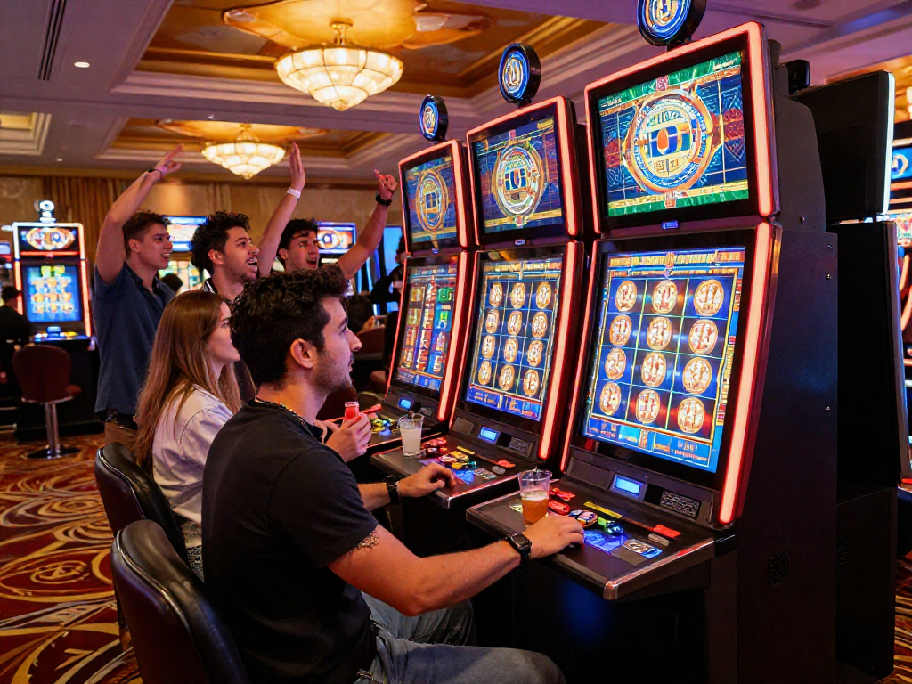 Cheering friends enjoying the excitement of a slot jackpot win in a vibrant casino