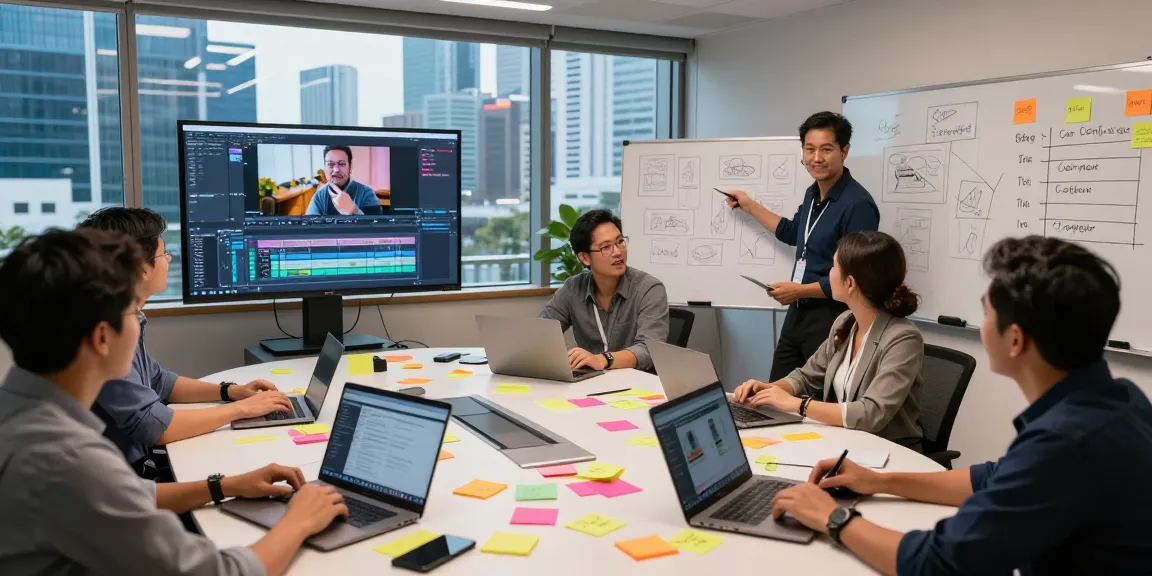 Creative team collaborating in a corporate video production studio in Singapore, showcasing innovative brainstorming and dynamic teamwork.